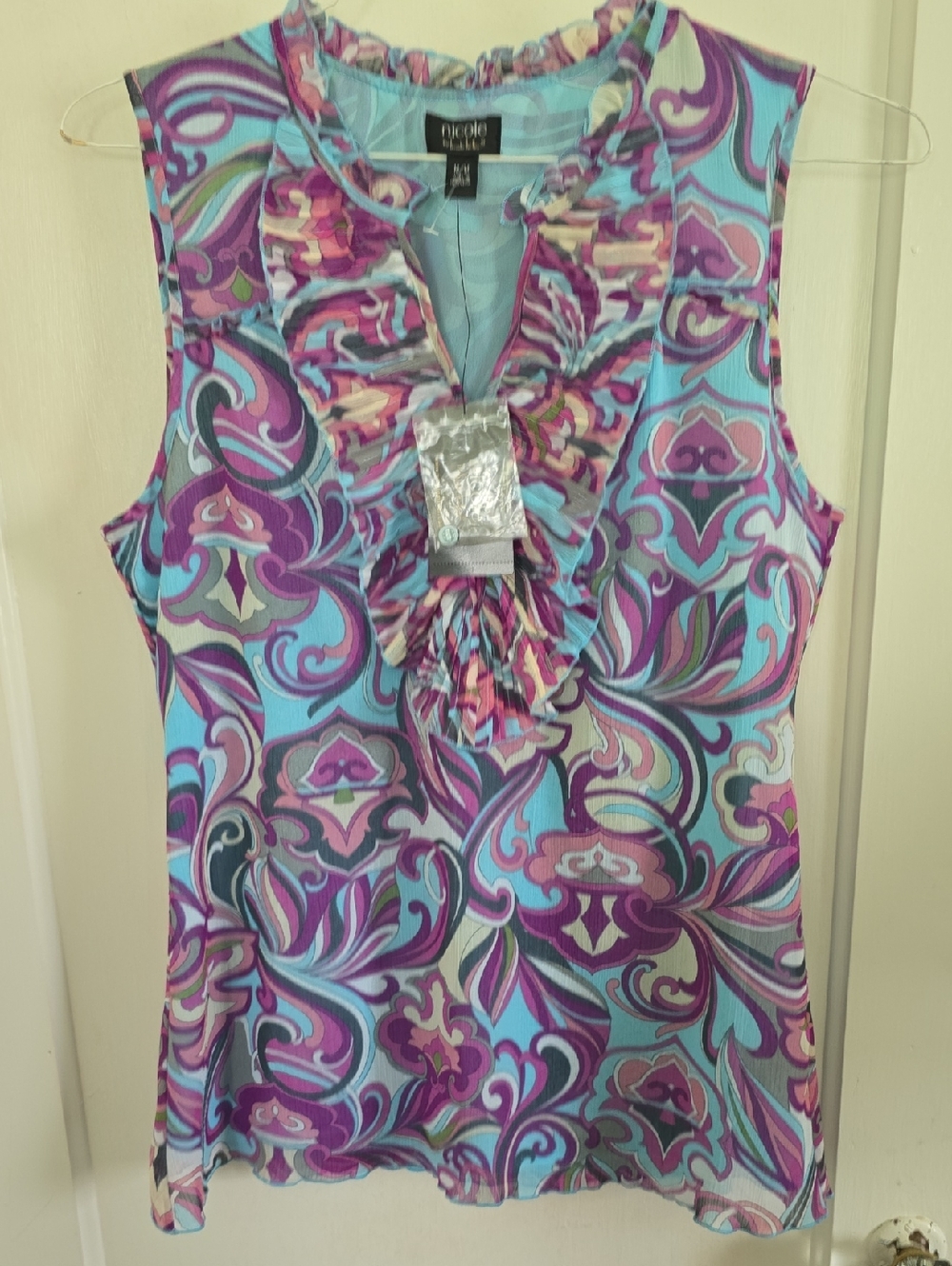 Nicole Miller Sleeveless Ruffle V-Neck Top in Aqua and Purple Paisley